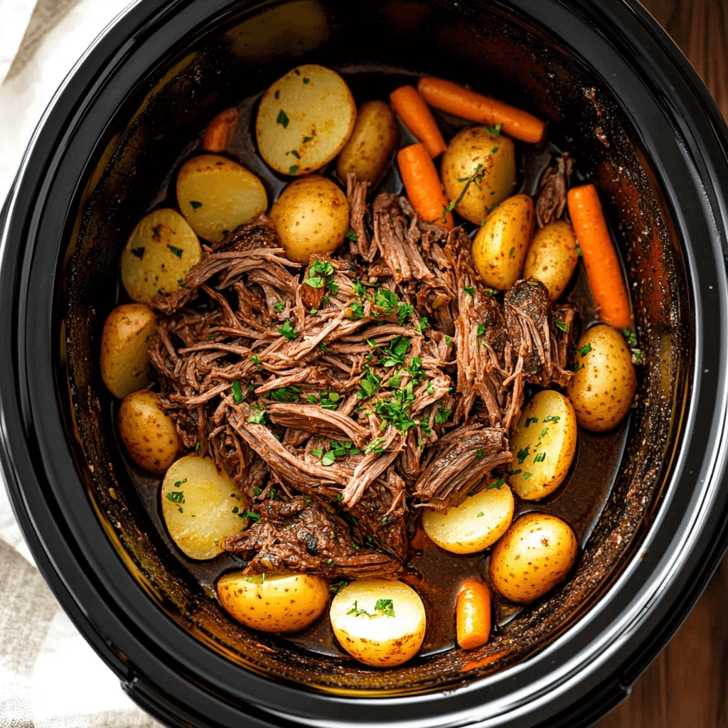 Hearty pot roast featuring shredded beef, golden potatoes, and vibrant carrots, cooked in a savory broth and topped with fresh parsley.
