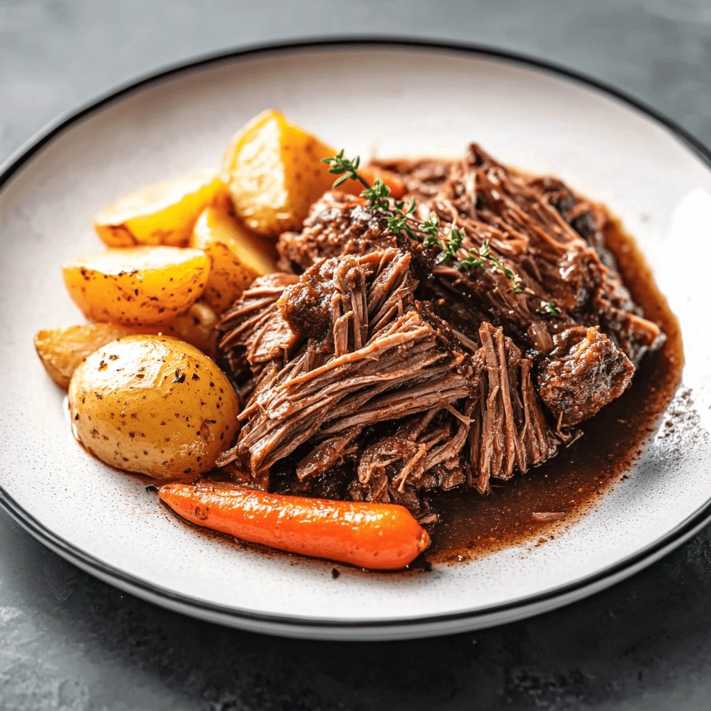 Slow-cooked pot roast with baby potatoes and carrots on a white plate.