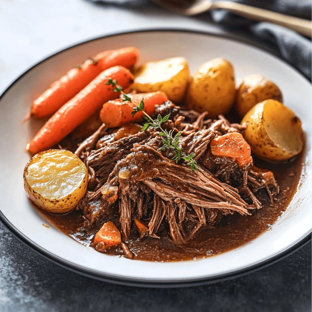 Juicy pot roast with roasted potatoes, carrots, and thyme in a bowl.