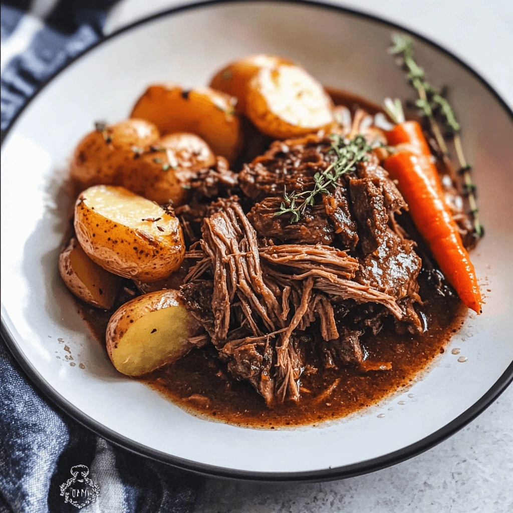 Rustic pot roast dinner with gravy, potatoes, carrots, and fresh thyme.