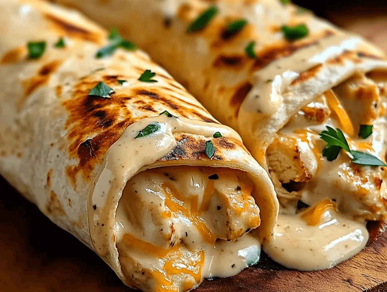 Golden-brown cheesy garlic chicken wraps with melted cheddar and creamy garlic sauce, served on a wooden board.