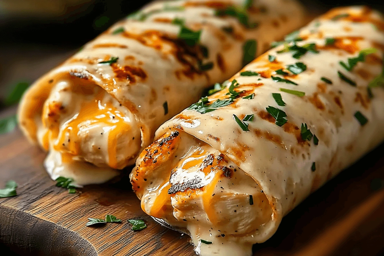 Close-up of cheesy garlic chicken wraps filled with grilled chicken, melted cheese, and creamy garlic sauce, garnished with parsley.