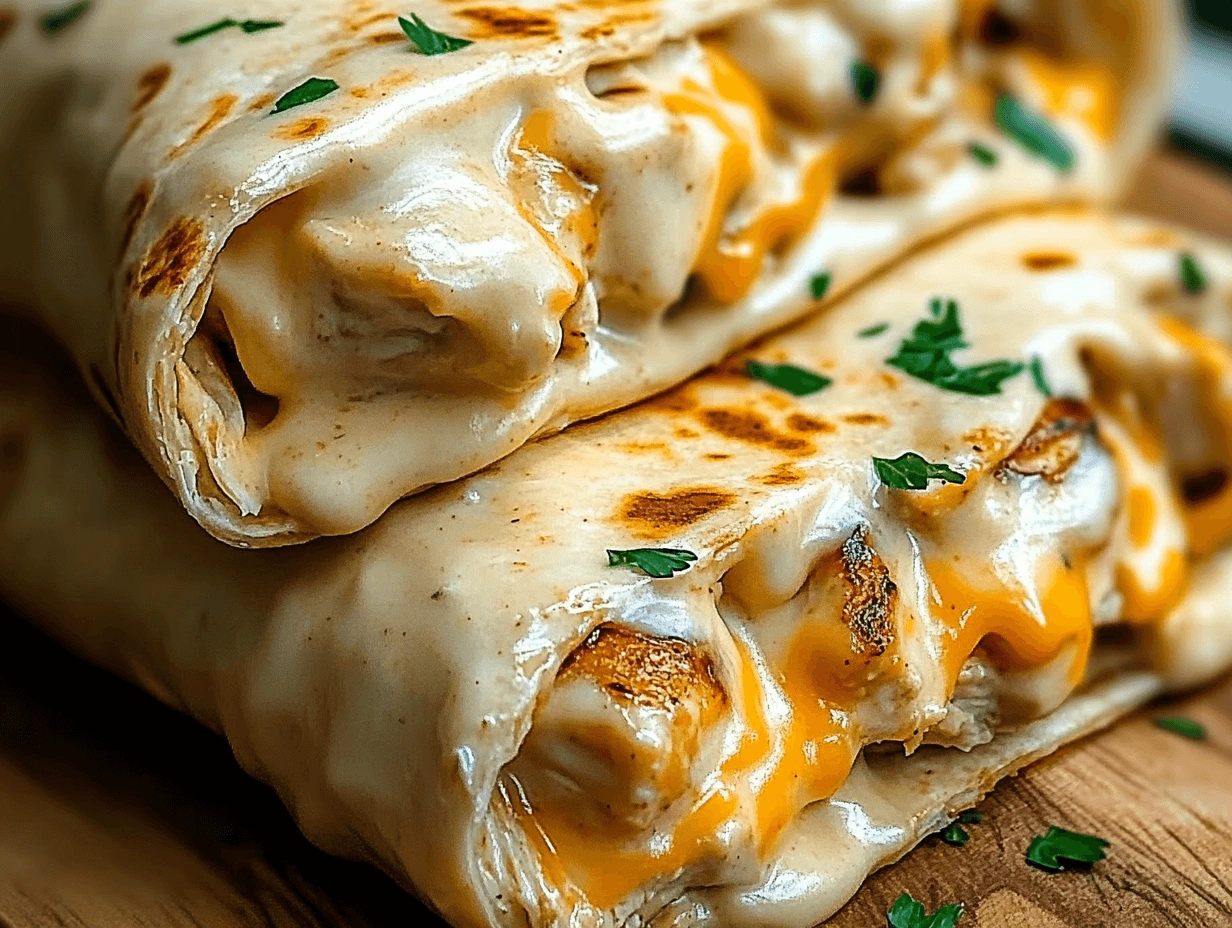 Warm cheesy garlic chicken wraps filled with chicken, cheddar cheese, and garlic sauce, garnished with parsley on a wooden board.