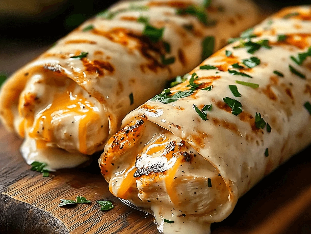 Grilled chicken and melted cheese wrapped in tortillas, topped with parsley and dripping with garlic sauce.