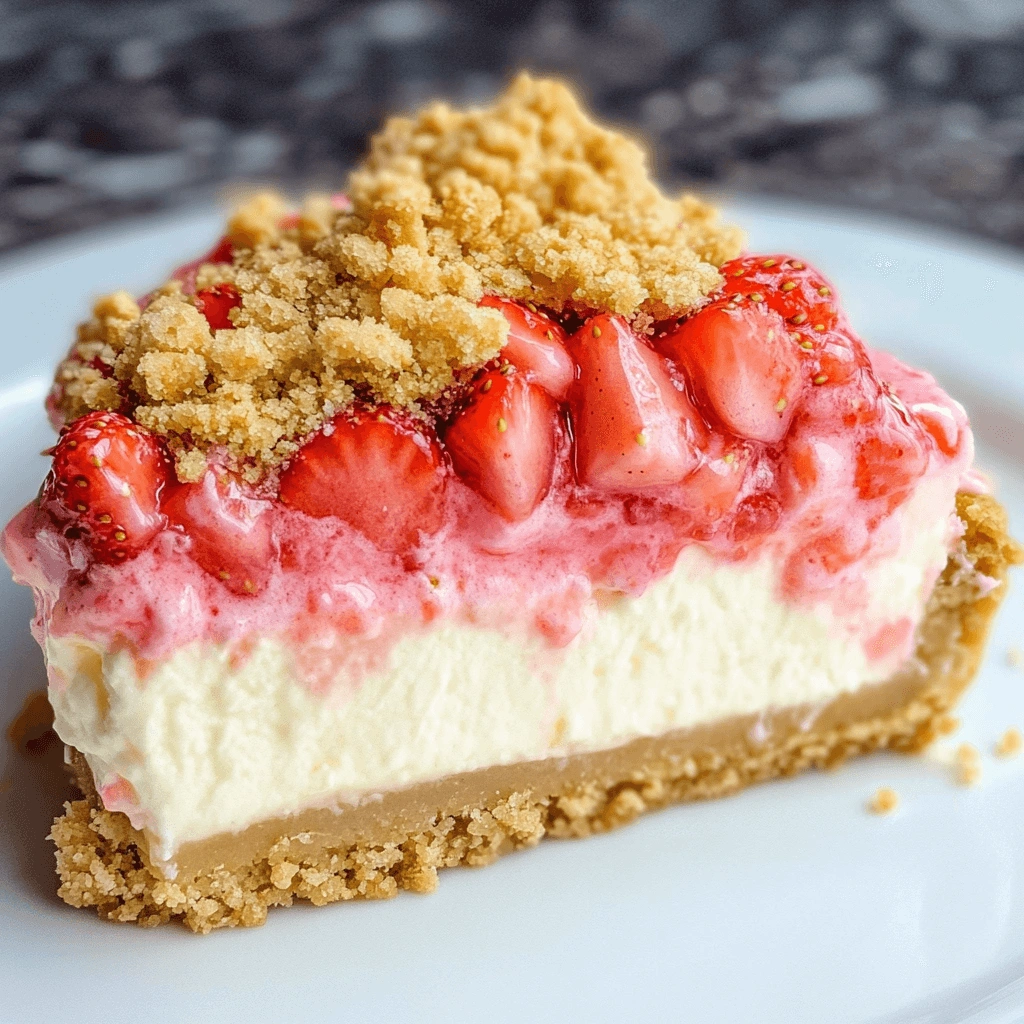Delicious strawberry cheesecake with a buttery graham cracker crust, smooth cream cheese filling, and a layer of juicy strawberries coated in sweet syrup.