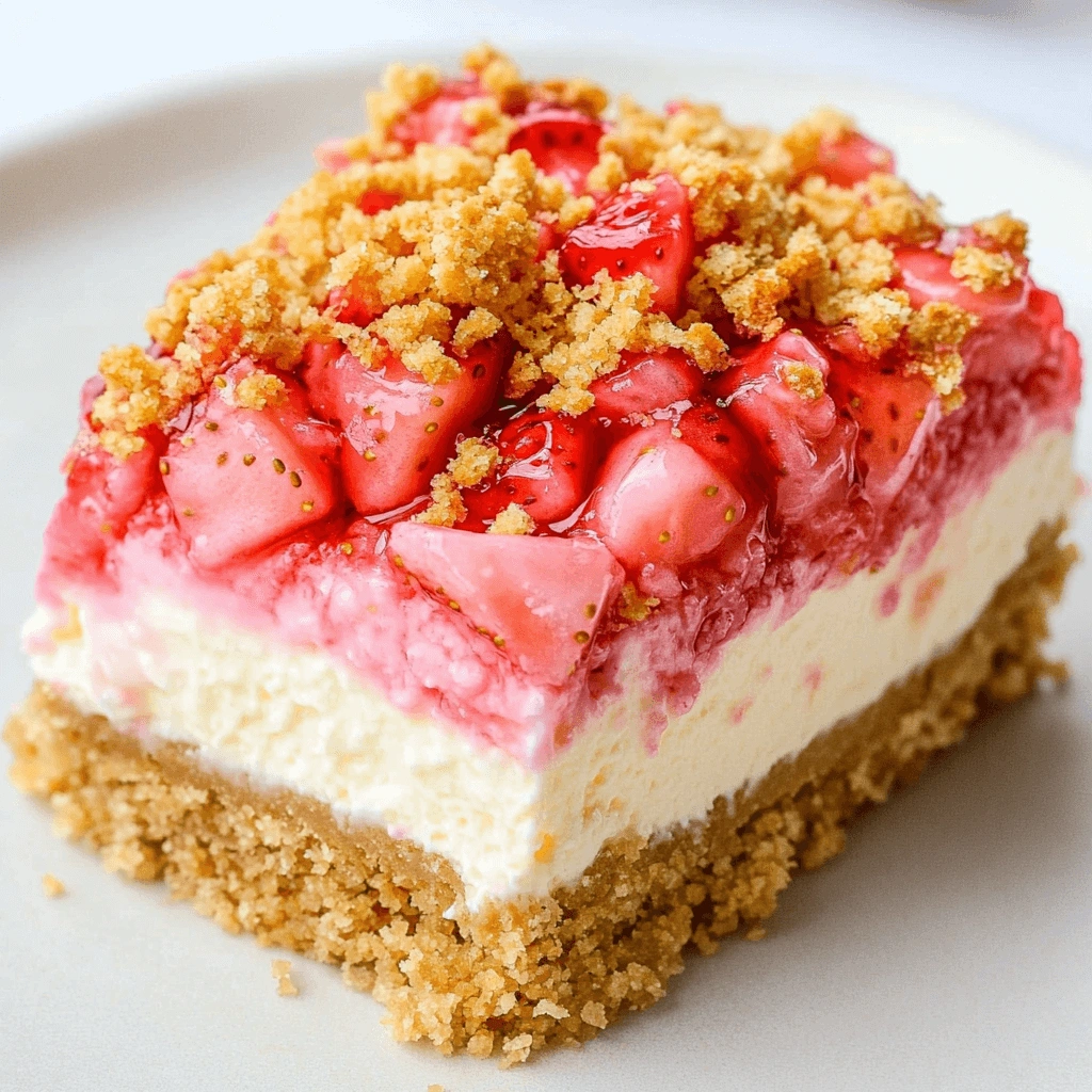 A mouthwatering slice of cheesecake topped with fresh strawberries, strawberry glaze, and a crunchy golden crumble, highlighting rich textures and vibrant colors.