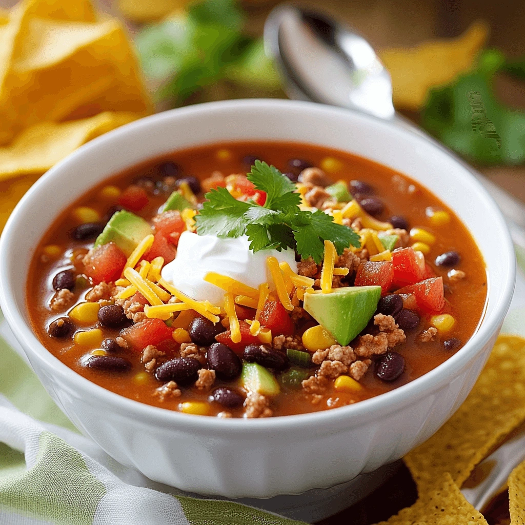 Rich taco soup filled with beans, ground beef, vegetables, and garnishes, ready to enjoy with tortilla chips.