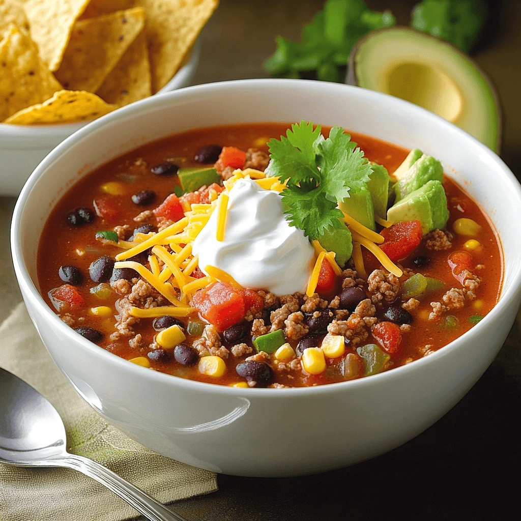 Hearty taco soup featuring black beans, corn, tomatoes, ground beef, and vibrant toppings in a white bowl.