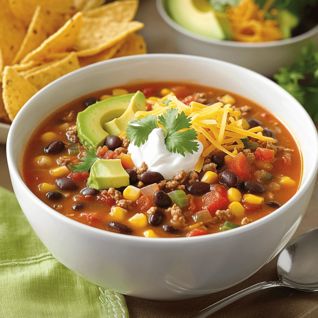 Close-up of flavorful taco soup with fresh toppings, served in a white bowl on a table with green accents.
