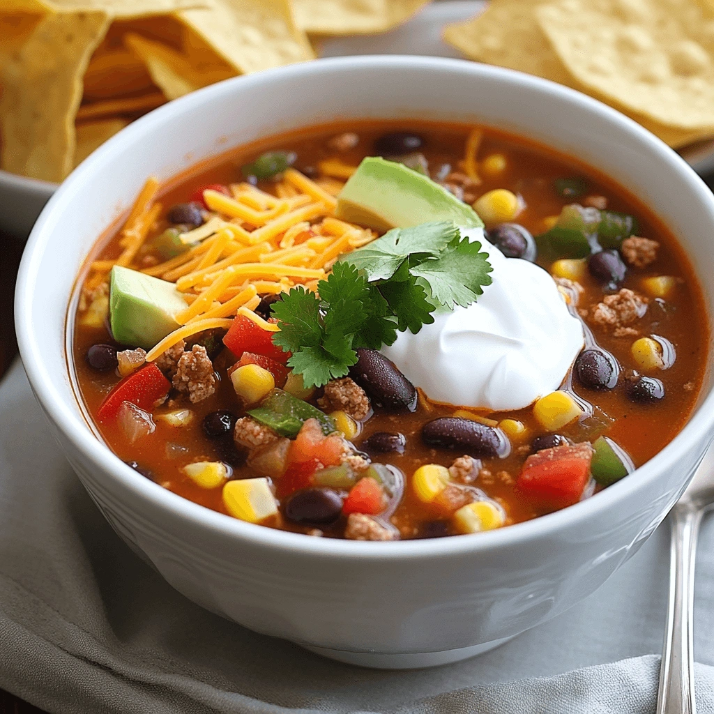 Warm and colorful taco soup garnished with avocado, sour cream, cheese, and cilantro, paired with tortilla chips.