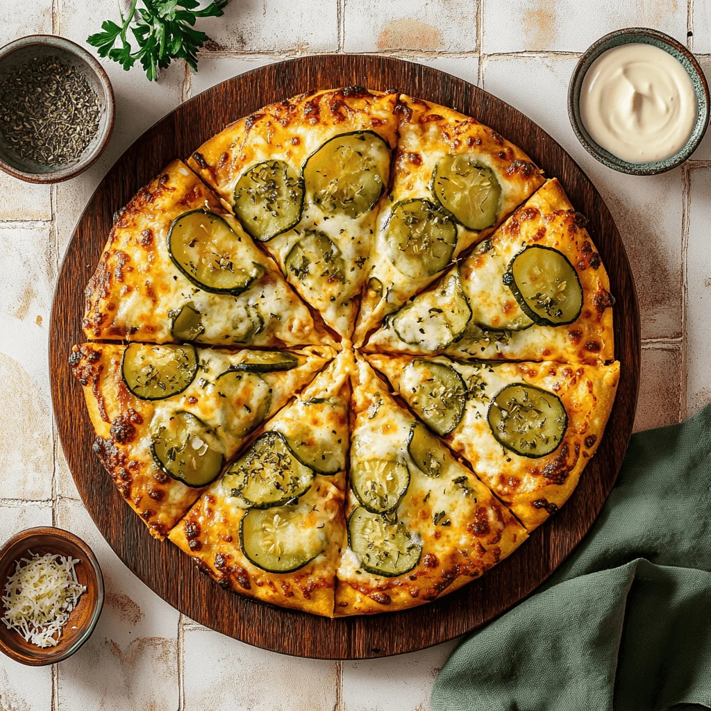 Pickle pizza with a golden brown crust, tangy sliced pickles, melted mozzarella, and herb toppings, placed on a wooden surface.