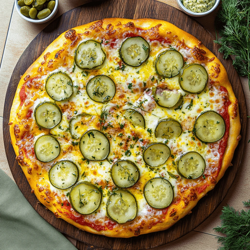 Unique pickle pizza featuring golden crust, tangy pickle slices, and melted cheese, garnished with herbs, served on a rustic board.