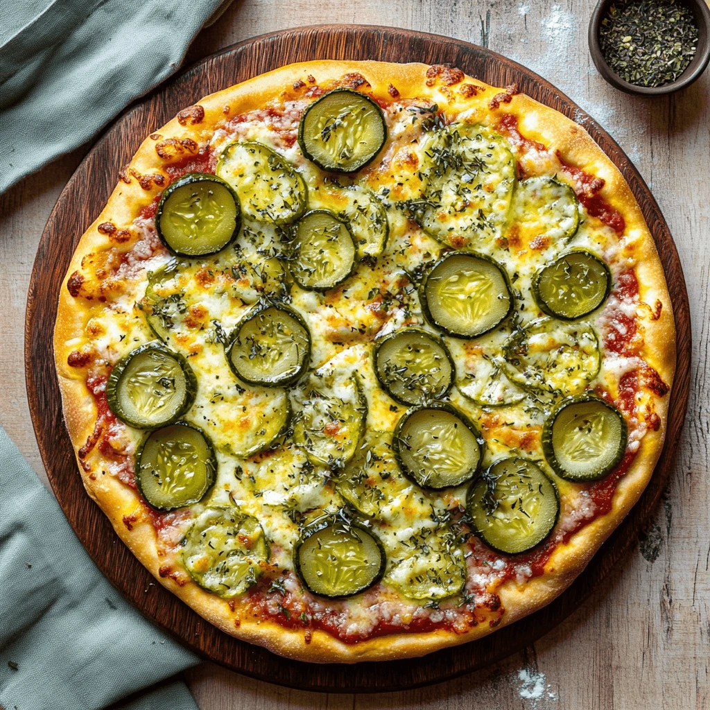 Top view of a pickle pizza, showcasing a crispy crust, vibrant pickle slices, and melted cheese garnished with dried herbs.