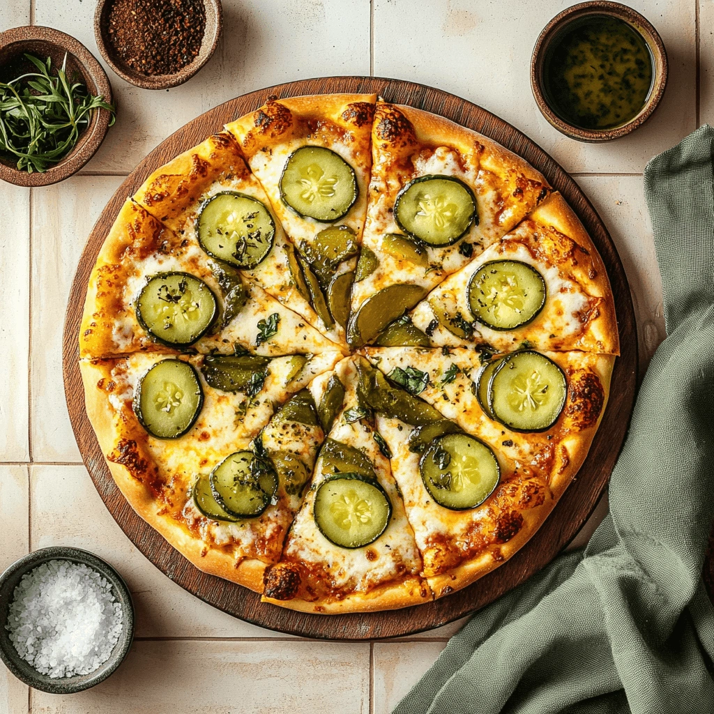 A pickle-topped pizza with melted cheese and herbs on a round wooden board, served on a rustic table.