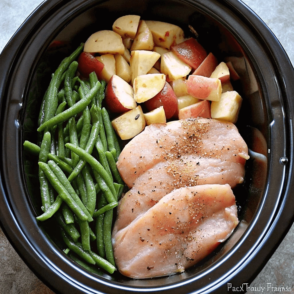 Uncooked chicken breasts, green beans, and chopped red potatoes placed in a slow cooker, showcasing a simple one-pot meal preparation.