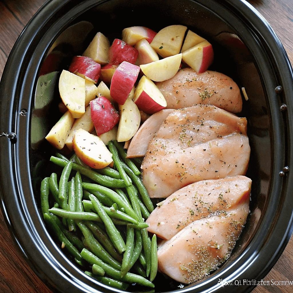 A slow cooker filled with fresh ingredients: raw chicken breasts, green beans, and diced red potatoes, seasoned and ready to cook.