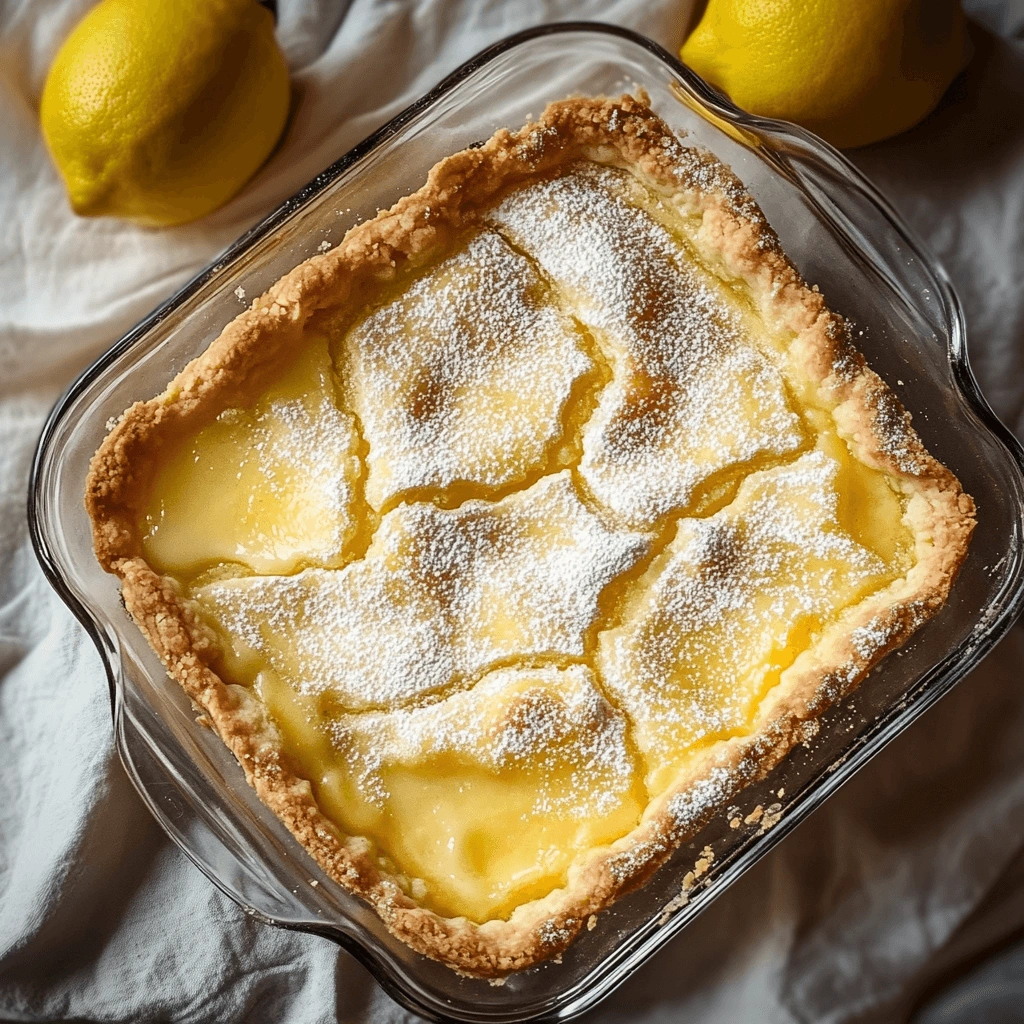 Side view of a lemon dessert in a baking dish, featuring layers of lemon curd, cream cheese, and a golden crumble topping.