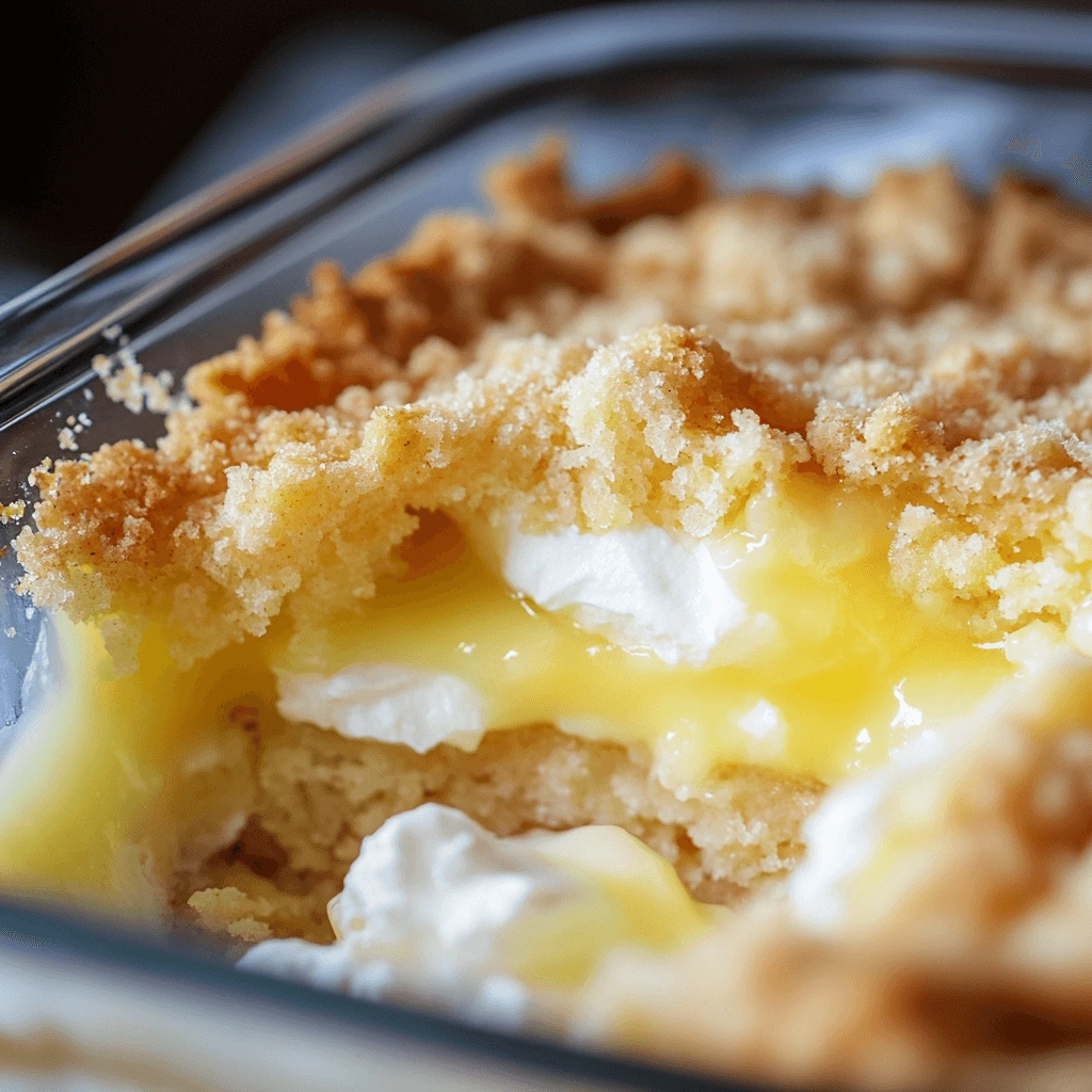 Close-up of a lemon cream cheese dump cake in a glass baking dish, with a golden-brown crumb topping and creamy layers visible.