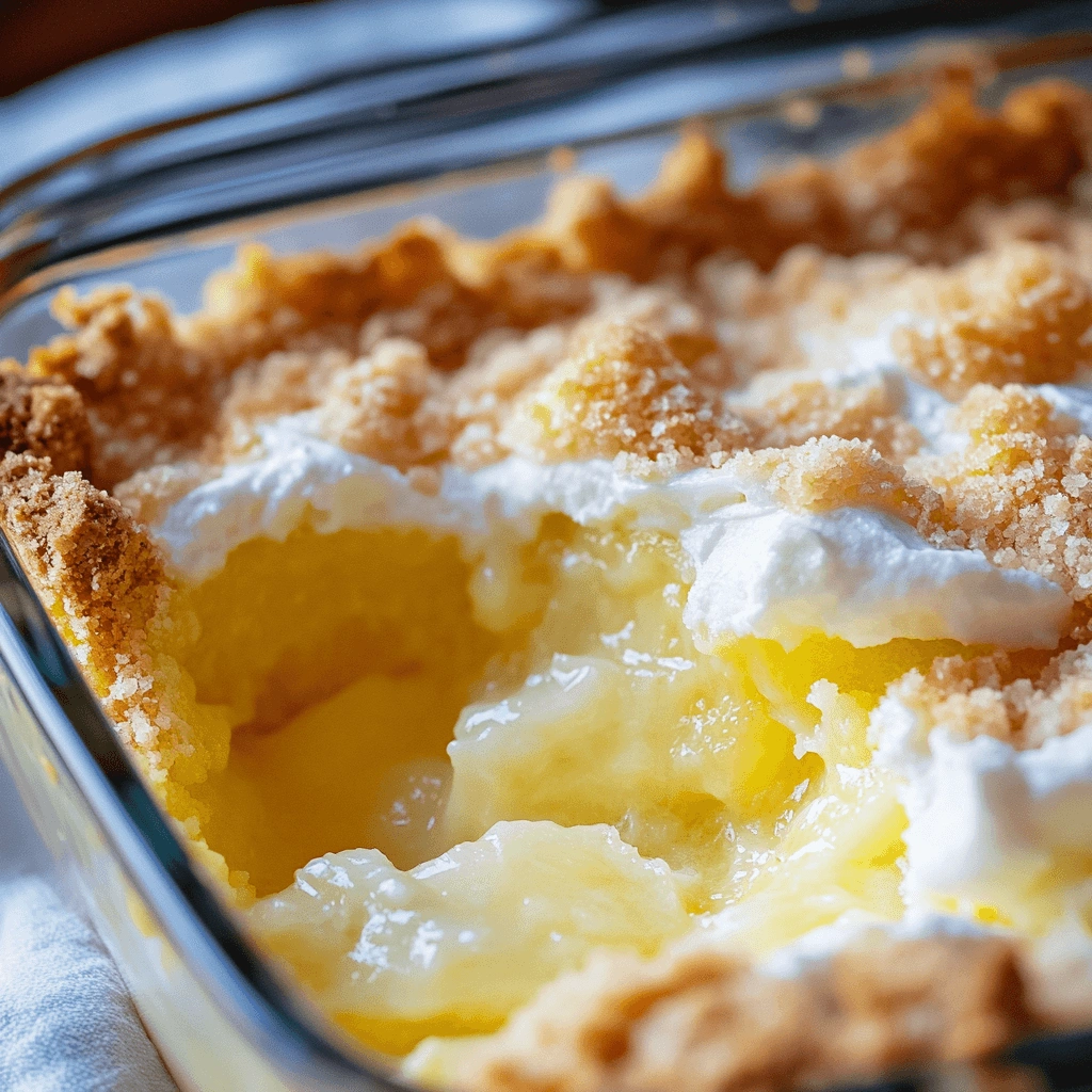 A delicious lemon dessert with a buttery crumble, tangy lemon filling, and smooth cream cheese, partially scooped in a glass dish.