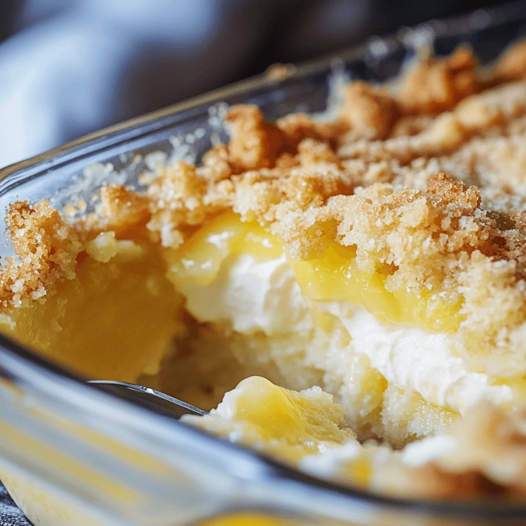 Lemon cream cheese dump cake showcasing its rich yellow filling, white creamy layers, and a perfectly baked crumbly crust.