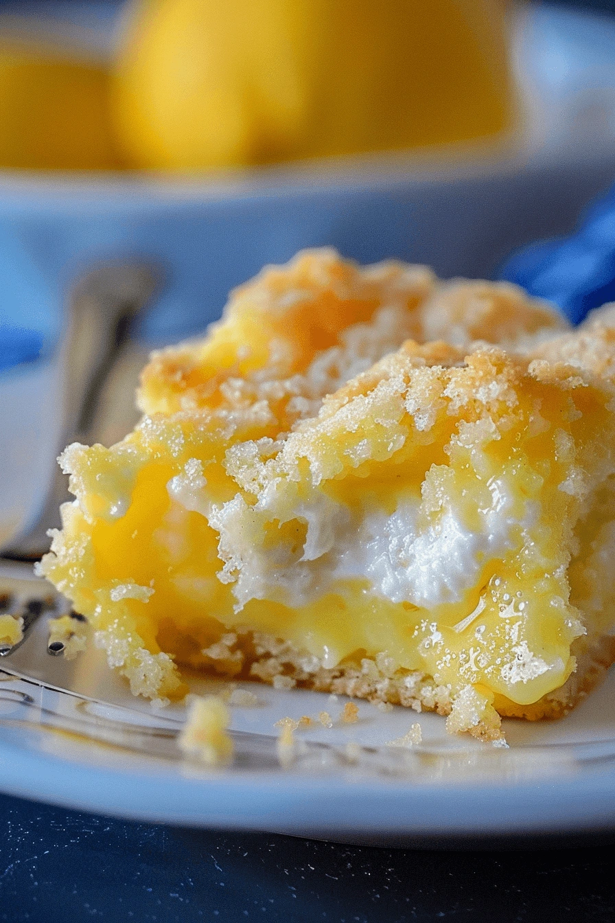 A spoon revealing the creamy and zesty layers of a lemon dump cake, topped with a buttery crumble in a clear dish.