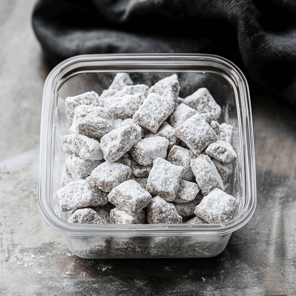 A container of muddy buddies coated in powdered sugar on a gray stone surface with a black textured cloth.
