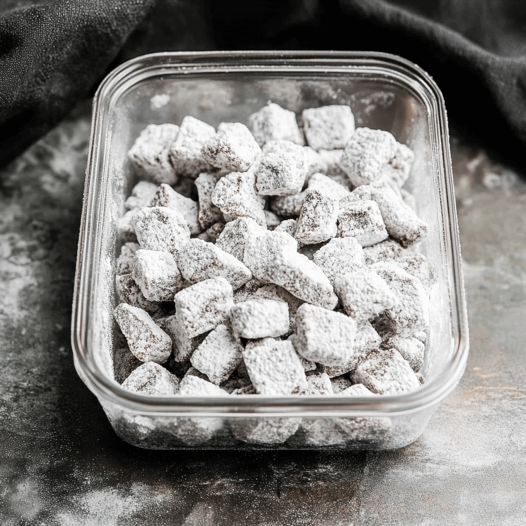 A transparent plastic container filled with powdered sugar-coated muddy buddies on a textured gray surface.