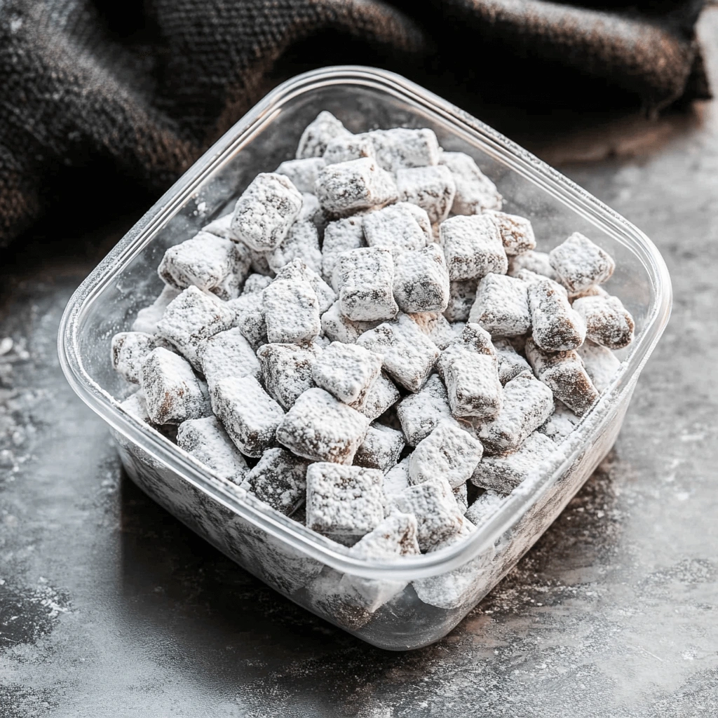 A close-up of powdered sugar-covered muddy buddies in a clear container with a dark cloth background.