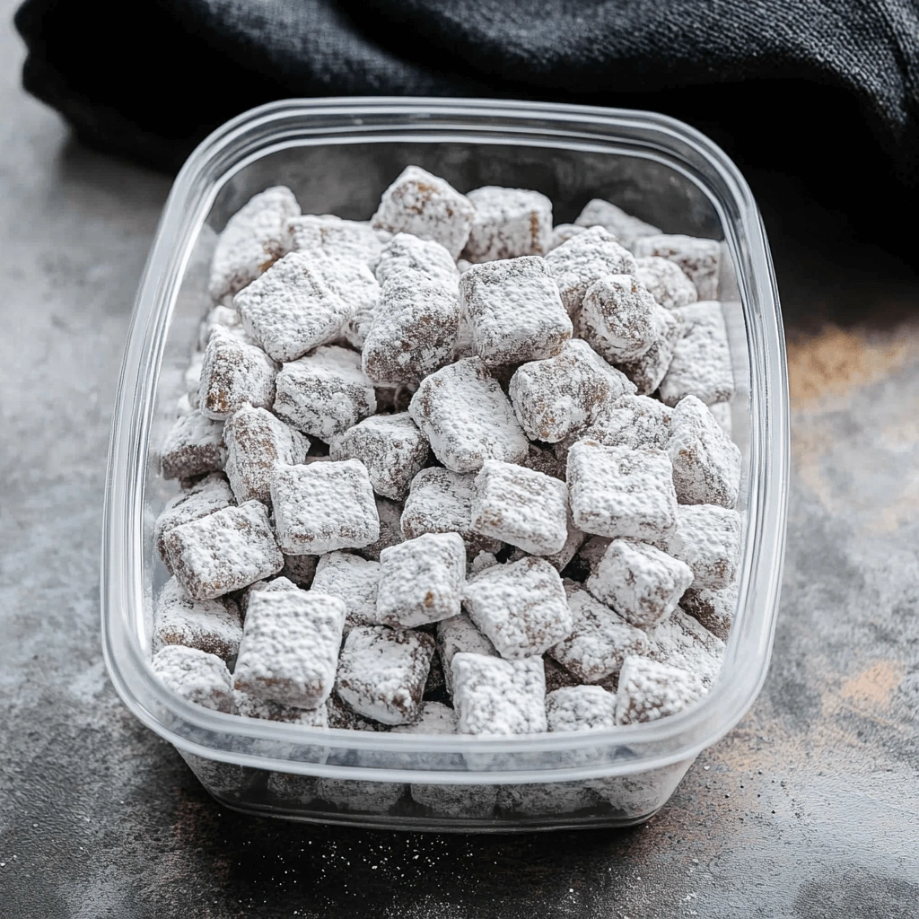 A clear plastic box containing powdered sugar-coated snacks, set against a dark backdrop on a stone-like surface.