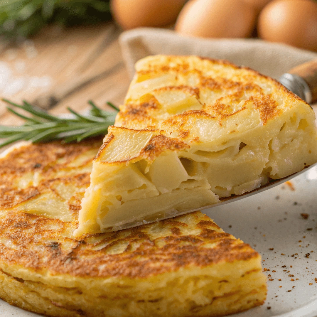 A golden-brown Spanish tortilla with visible layers of sliced potatoes and onions, garnished with fresh rosemary.