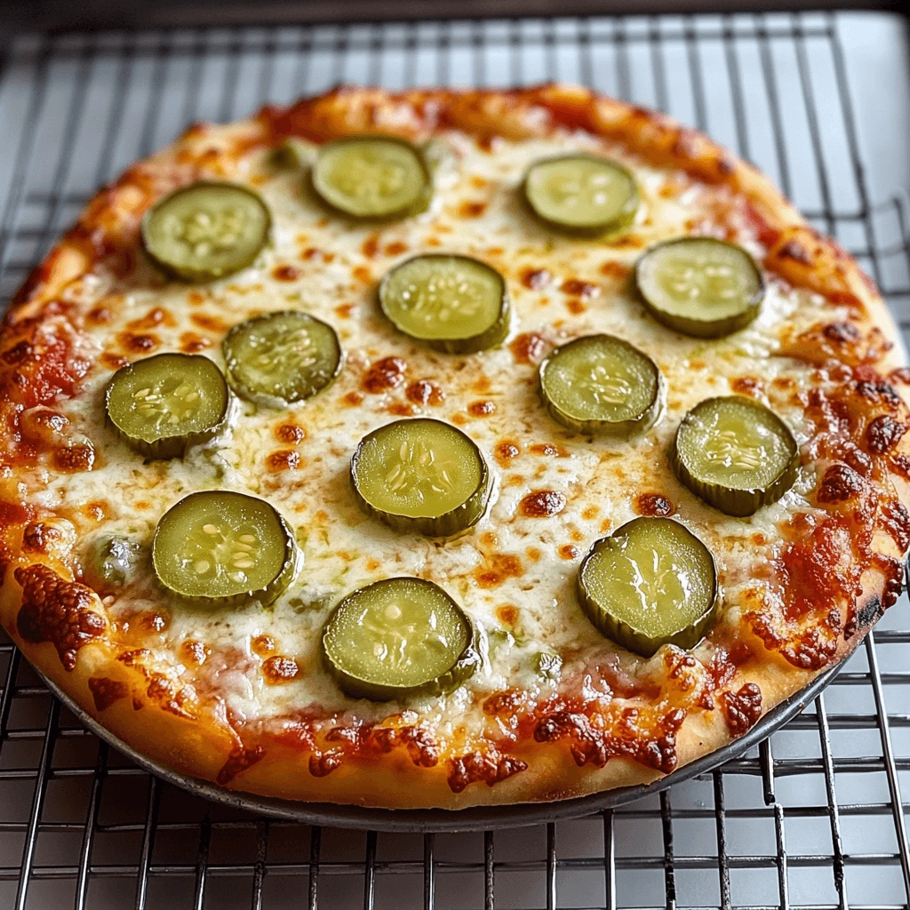 A closeup of a freshly baked pickle pizza with melted mozzarella.