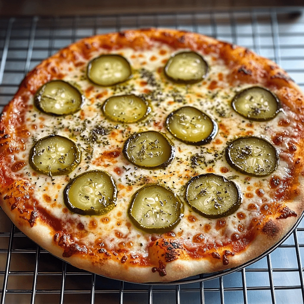 Closeup of a pickle-topped pizza with a golden crust.