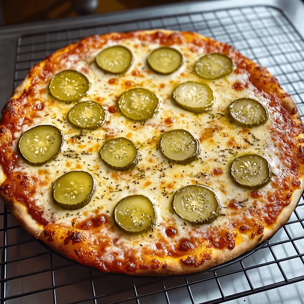 Pickle pizza with golden cheese on a cooling rack.