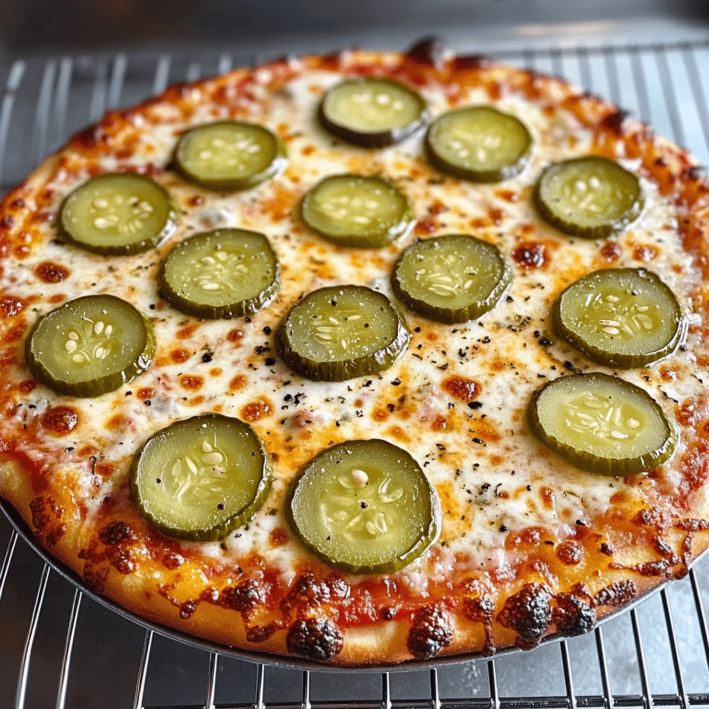 A pizza with pickles and cheese, cooling on a wire rack.