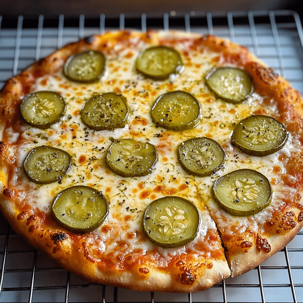 Cheesy pickle pizza on a wire cooling rack.