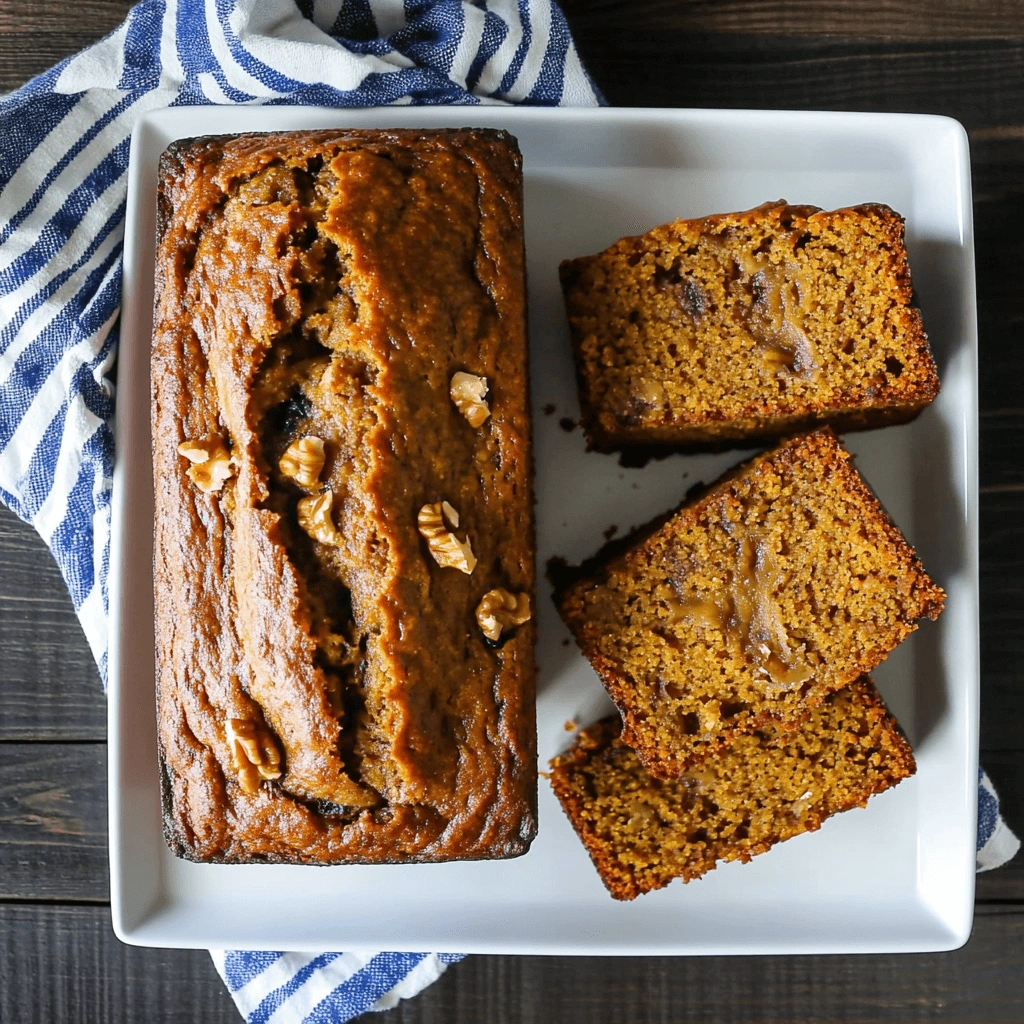 A loaf of pumpkin banana bread on parchment paper with chopped walnuts and a knife nearby.