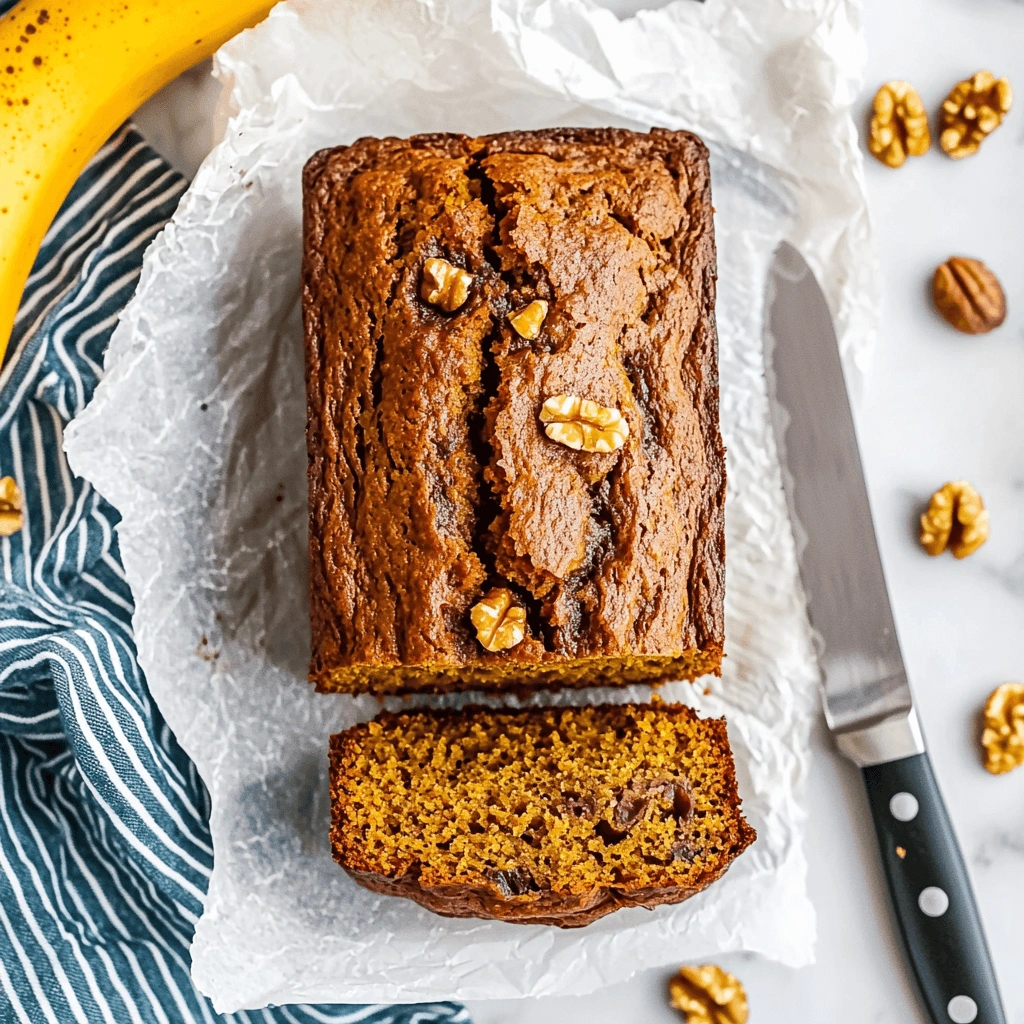 Pumpkin banana bread with walnuts on parchment paper with a striped towel and banana in the background.