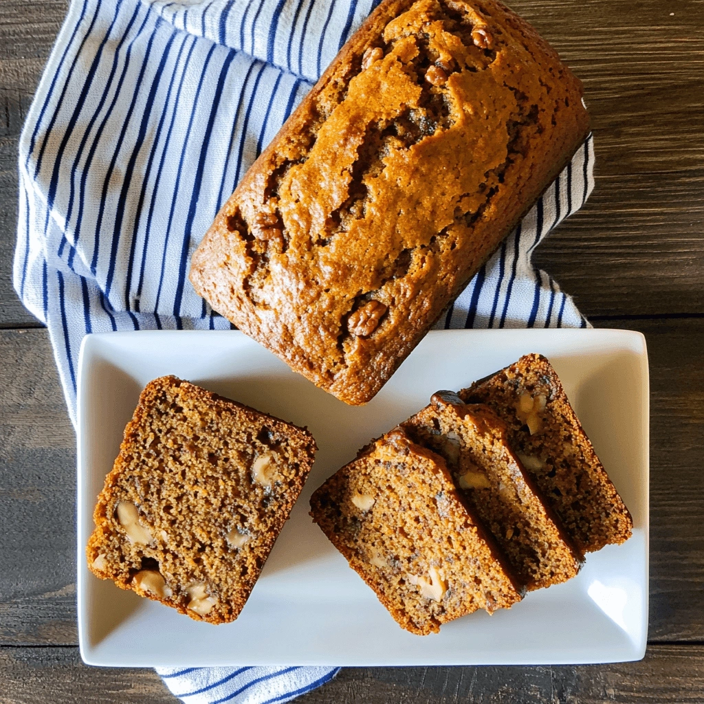 A freshly baked loaf of pumpkin banana bread topped with walnuts, placed on white parchment paper with one slice cut and displayed in front.