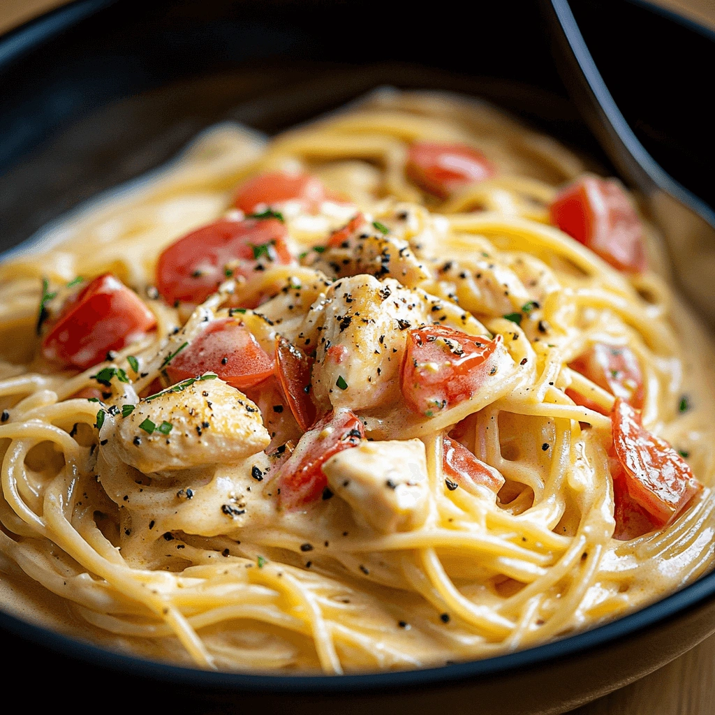 Closeup of creamy chicken pasta garnished with parsley and pepper.