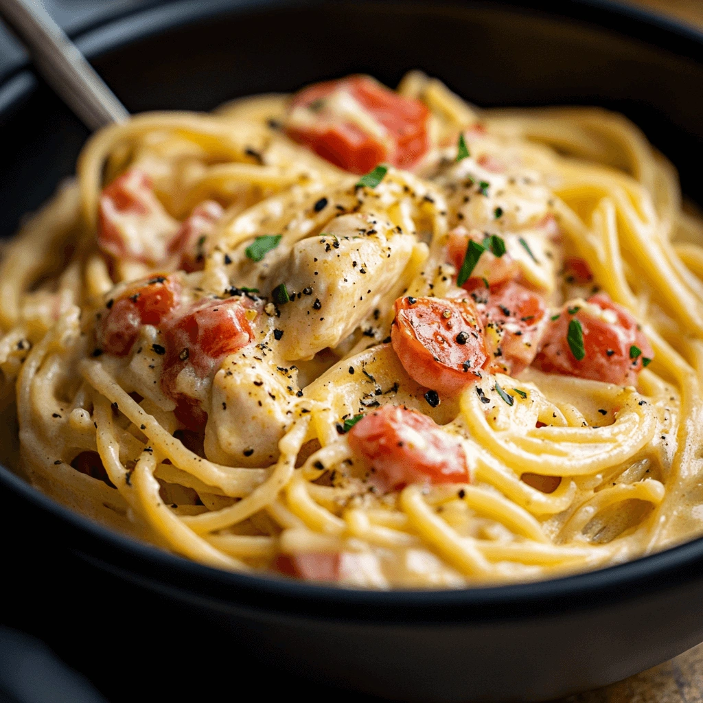 A black bowl of creamy spaghetti with chicken, tomatoes, and herbs.