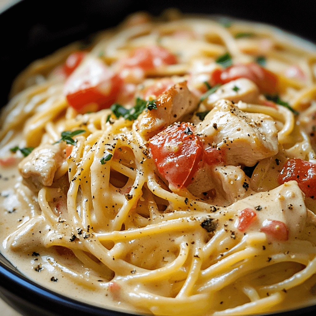 Closeup of creamy chicken spaghetti with fresh herbs and tomatoes.