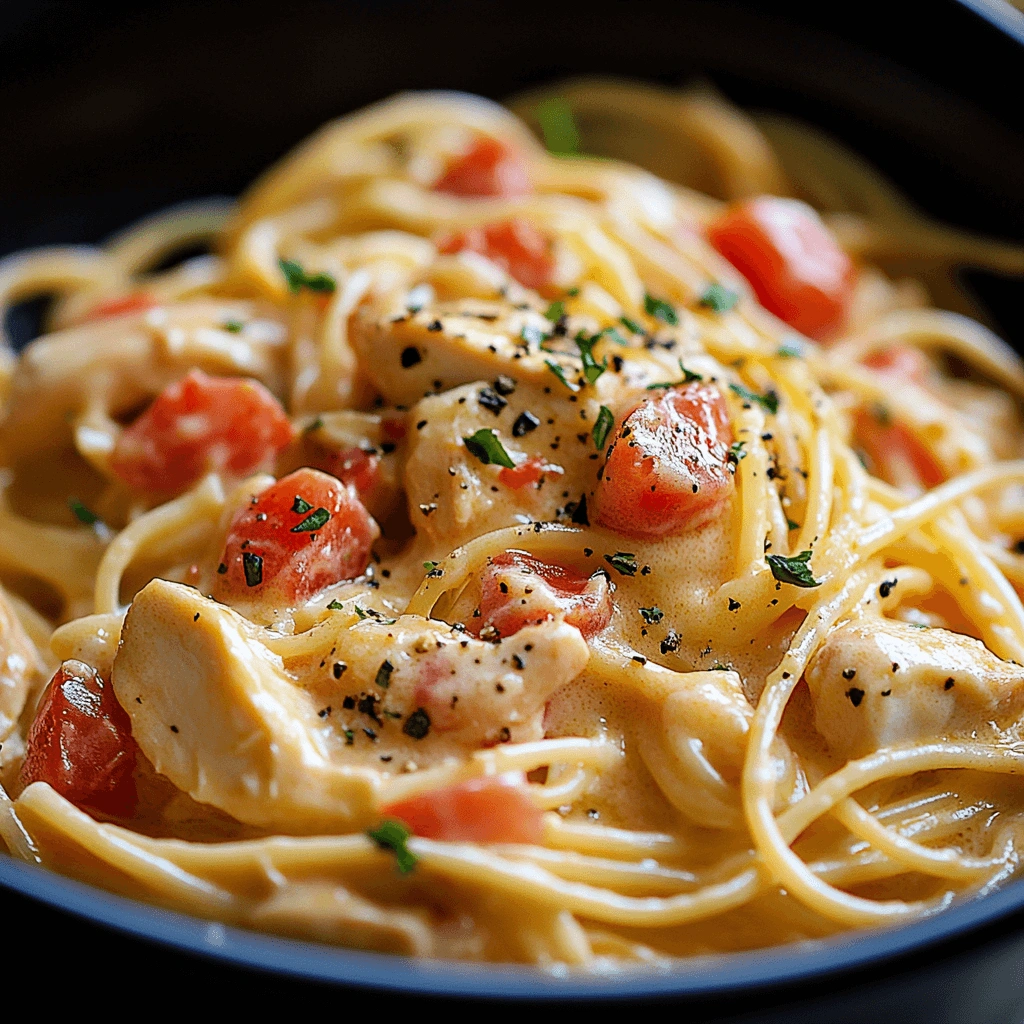 Pasta in creamy sauce with chicken and tomatoes, garnished with herbs.