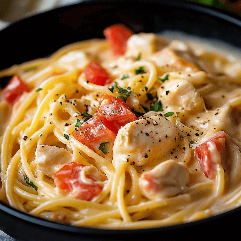  Chicken spaghetti with tomatoes and creamy sauce served in a bowl.