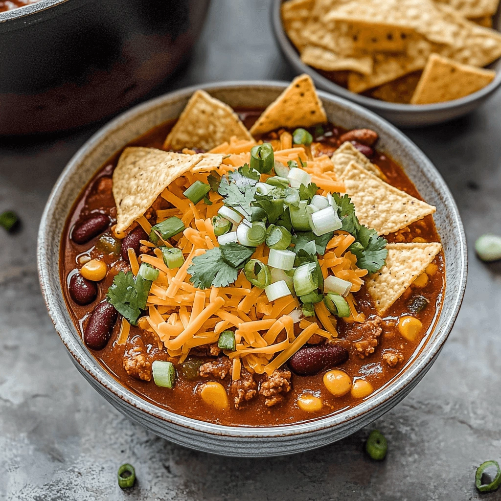 Top-down view of taco soup garnished with cheese, tortilla chips, sour cream, and cilantro, served on a light background.