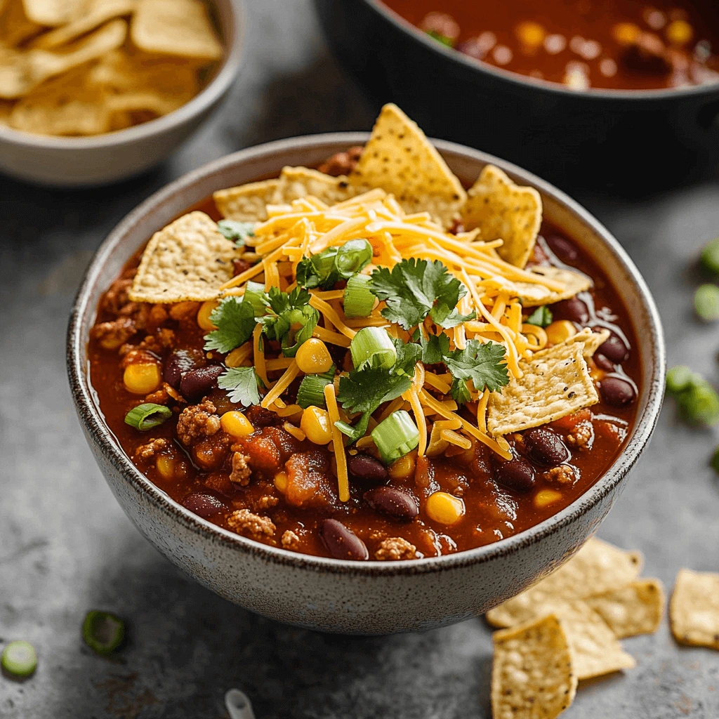 Taco soup with tortilla chips, sour cream, and fresh cilantro in a ceramic bowl, surrounded by scattered chips.