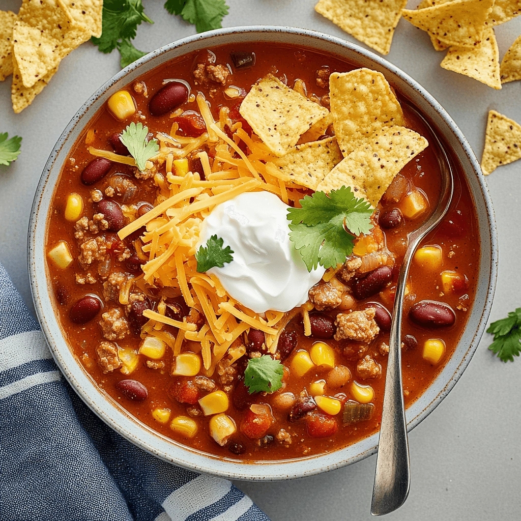 A hearty bowl of taco soup topped with shredded cheese, sour cream, tortilla chips, and fresh cilantro, served with a metal spoon on a striped blue napkin.