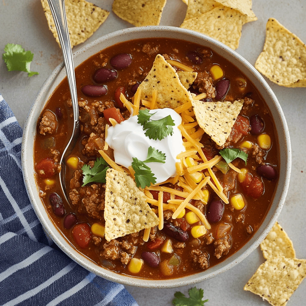 A close-up of taco soup topped with shredded cheddar cheese and tortilla chips, with a spoon resting in the bowl.