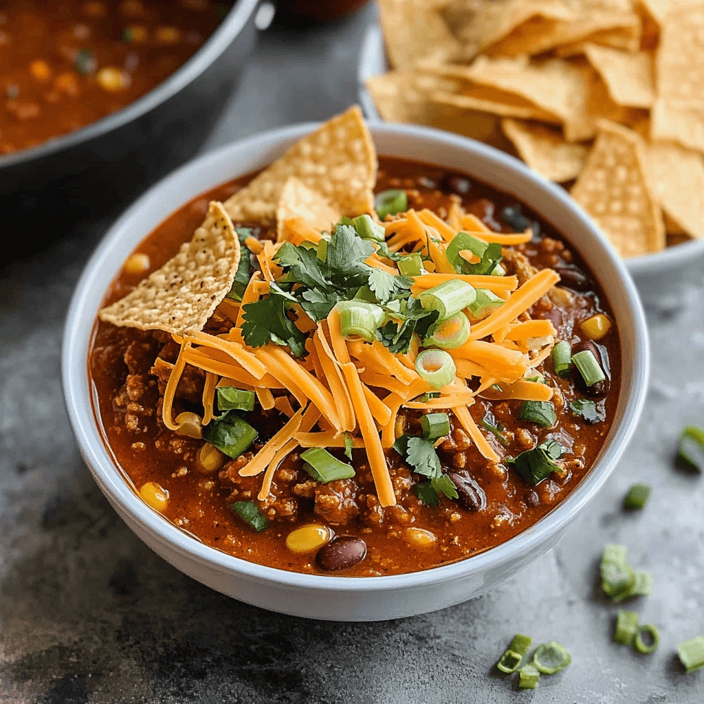 A rustic bowl of taco soup filled with colorful ingredients, topped with sour cream and fresh cilantro leaves.