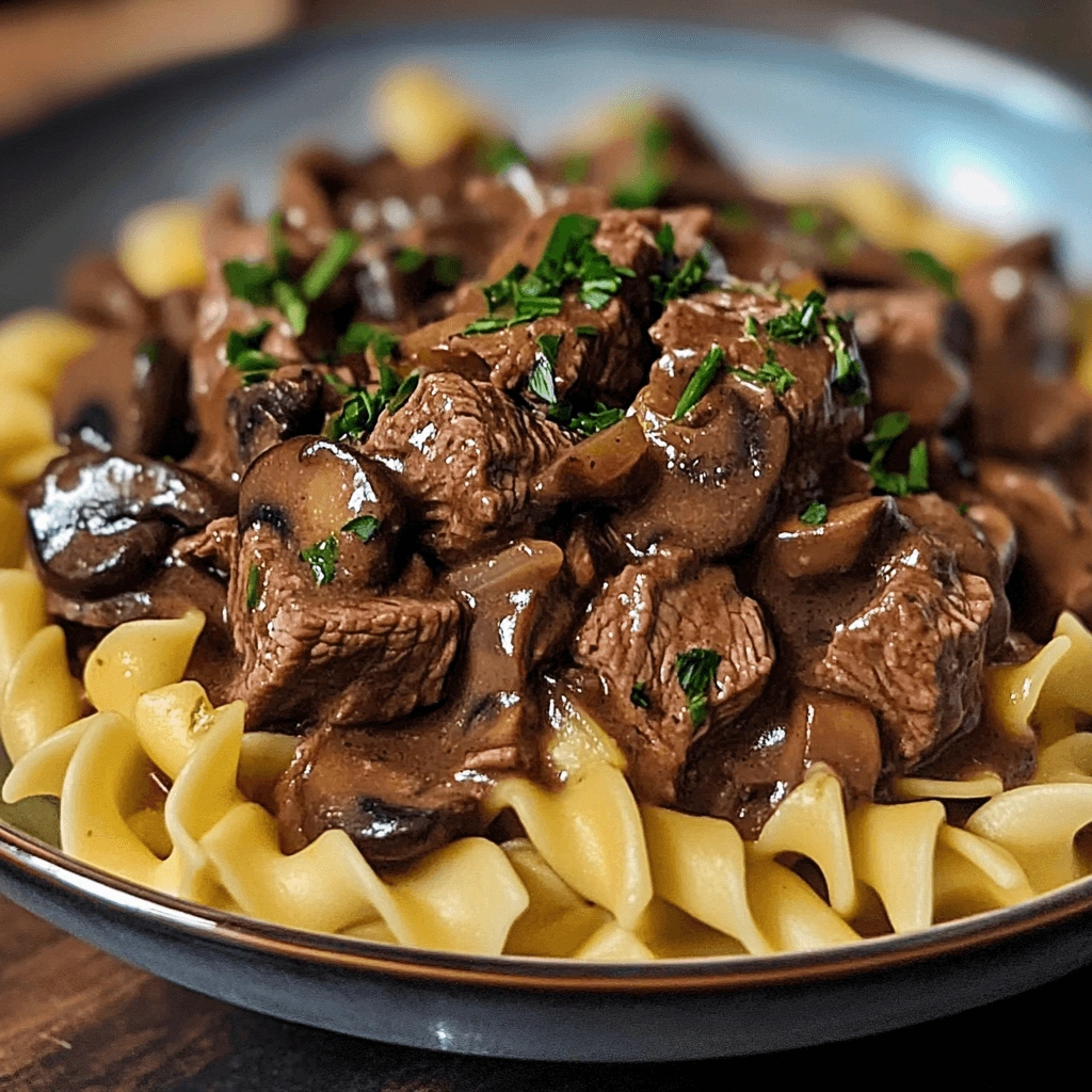 Creamy beef tips with mushrooms and egg noodles, garnished with parsley.