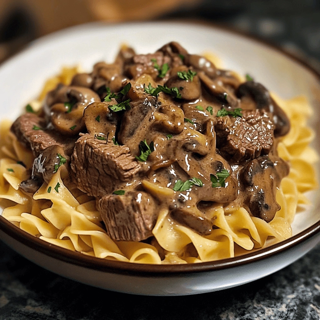 Beef tips and mushrooms over egg noodles with parsley garnish.